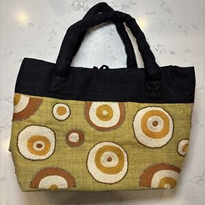 Hanoi‎ Silk 100% Silk Purse Tote Bag Linenlook Embroidered Circles Earthy Colors